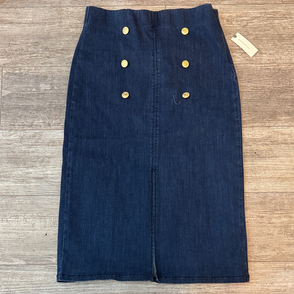 Anthropologie Maeve Refined Denim Sailor Midi Skirt with gold-tone buttons NWT